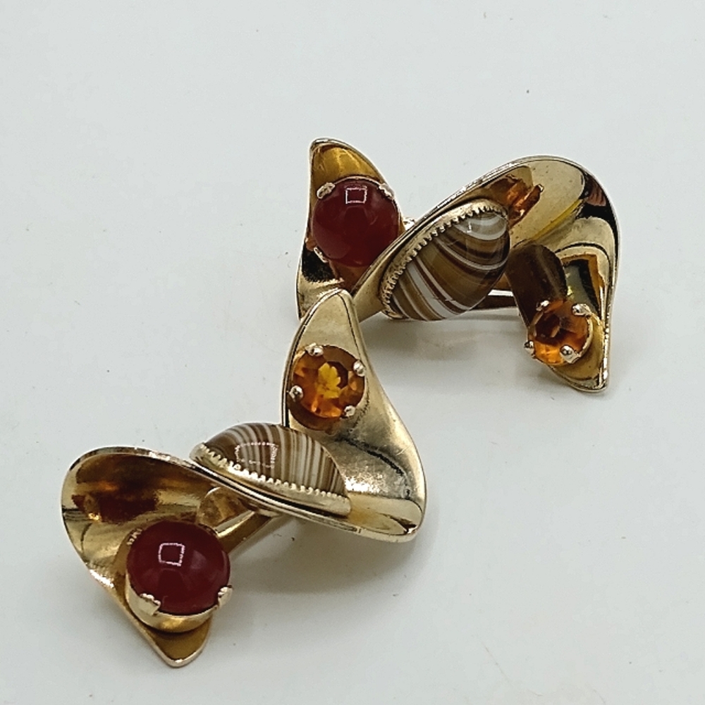 Vintage Gold Tone Twist Clip-On Earrings with Onyx, Carnelian, and Citrine Stone